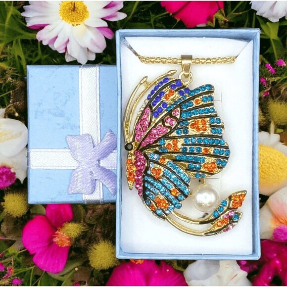 Colorful Rhinestone Butterfly Pendant Necklace w/ Pearl Accent Gift Boxed - Picture 1 of 5